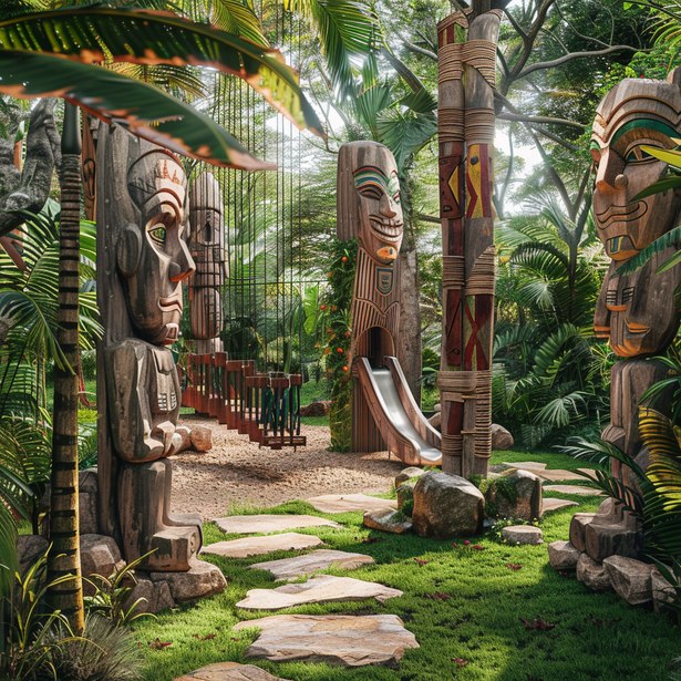MAINA, carved figures in the garden, rendering