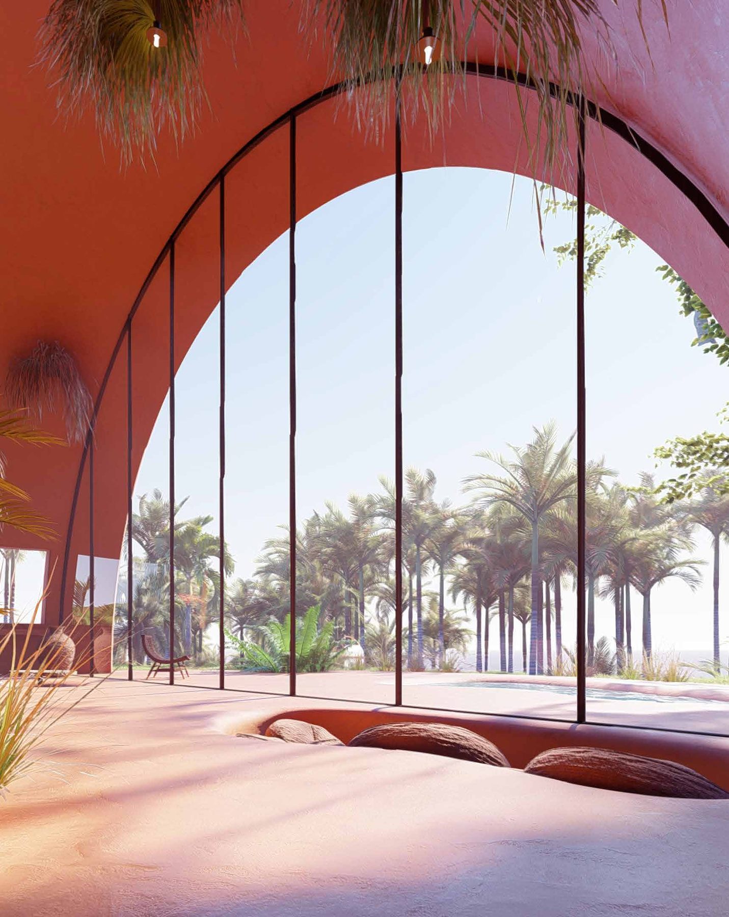 The arched window of a bohío, rendering