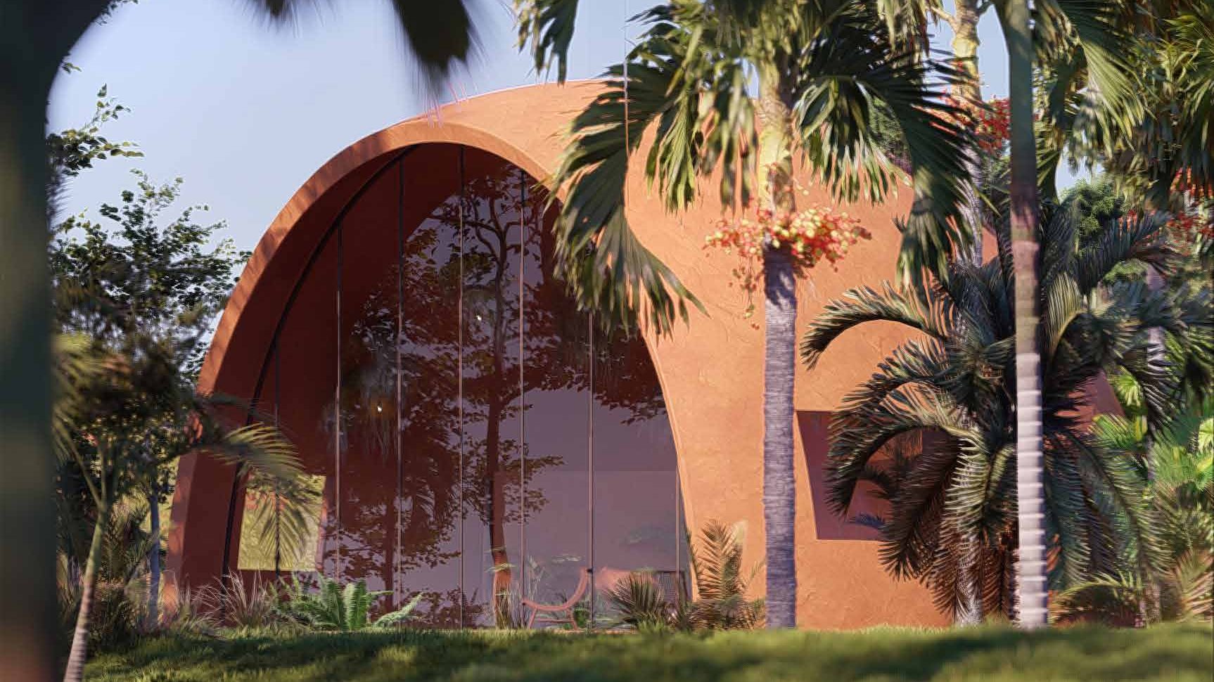 A KUA bohío at dusk, rendering