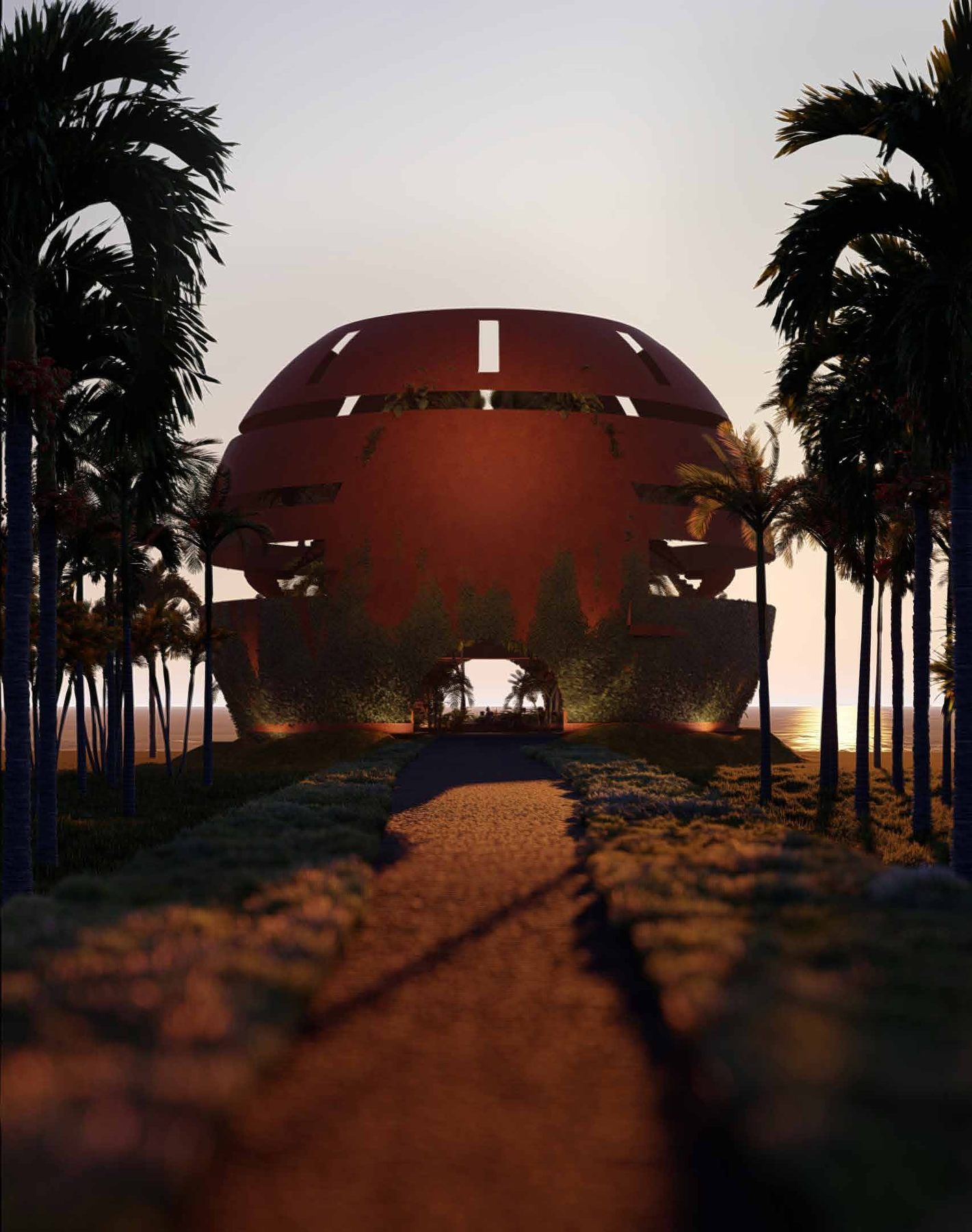 The dome at dusk, down the palm avenue, rendering