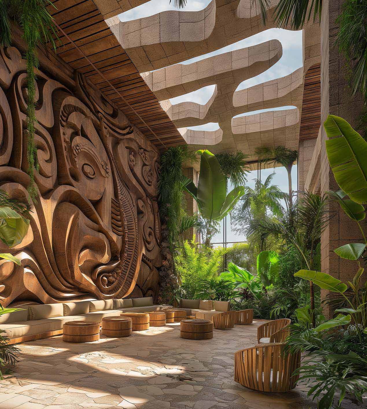 The MAINA restaurant, carved in wood, rendering