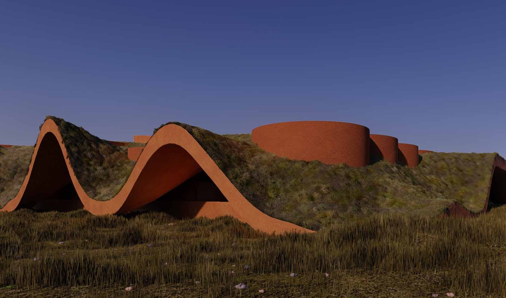 The spa under its planted roof, rendering